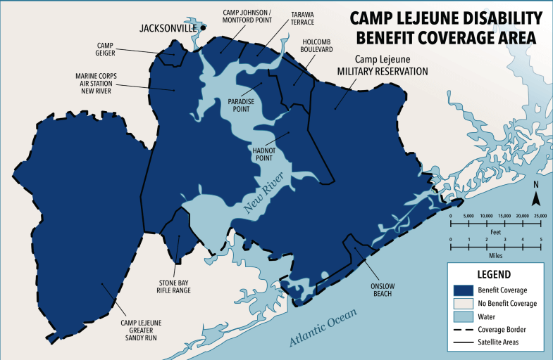 Average Case Value of Camp Lejeune Infertility Lawsuit lawyer attorney compensation liability sue coverage map